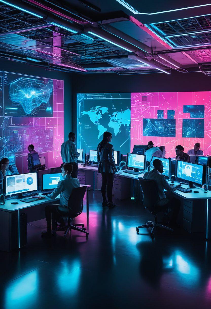 A futuristic office space with a diverse team of IT professionals collaborating on high-tech gadgets, coding and analyzing data on holographic screens. In the background, a sleek server room and dynamic, interconnected web elements signify robust web solutions. vibrant colors. cyberpunk.