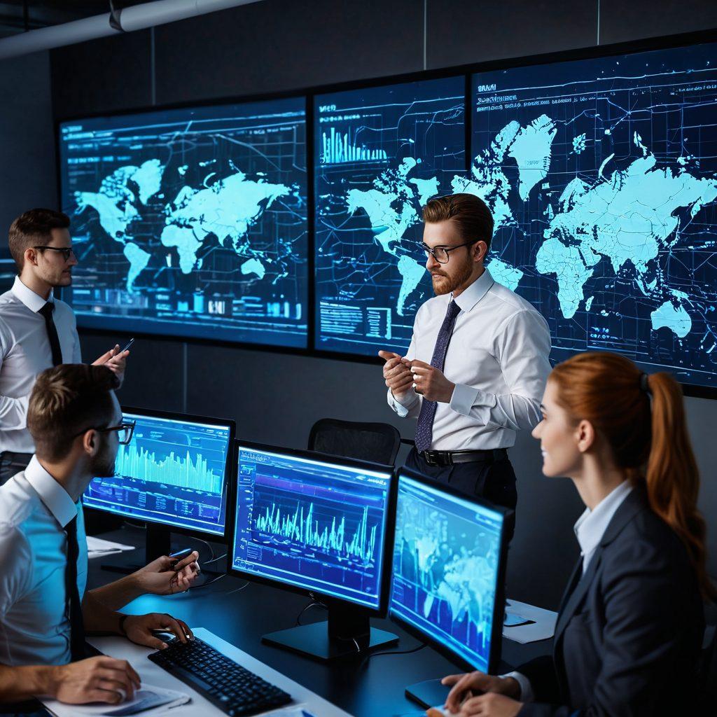 A dynamic office environment with IT consultants collaborating, analyzing data on large flat screens, and designing intricate network diagrams. Feature glowing connections representing network paths interwoven with web design elements like code snippets and graphical templates. Add an aura of innovation with holographic charts and futuristic tech devices. super-realistic. vibrant colors. modern office setting.